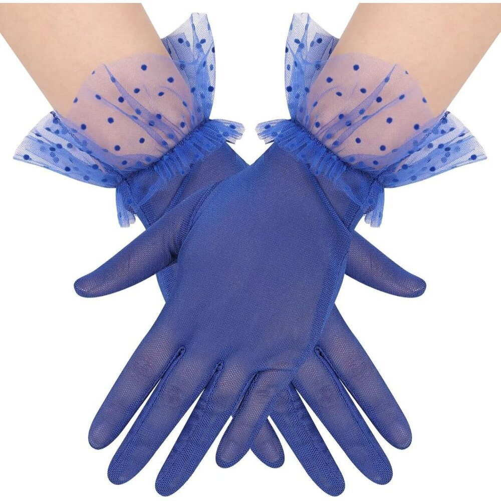 Women's Short Lace Royal Blue Sheer Mesh Tea Party Prom Gloves Banquet Costume